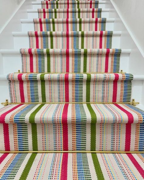 Christina on Instagram: "My DIY stair runner is still an all time fave of our family. It took creepy basement stairs, to colorful, fruit stripe happiness. For the details on how I installed this runner, and the materials required, check the stair runner highlight at the top of my bio. Or you can shop this space by finding me on the LTK app!

#annieselke #stairrunner #stairway #grandmillennialstyle #coastalgrandmother #colorfulhome #grandmillennial #diyblog" Creepy Basement, Diy Stair Runner, Basement Stair, Striped Stair Runner, Grand Millennial Style, Staircase Runner, Stair Makeover, Hallway Colours, Stair Rods