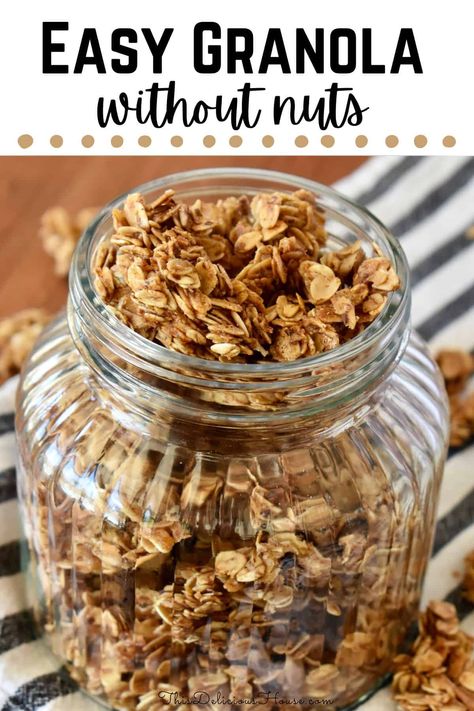 This Granola Recipe without Nuts is one of the easiest and most delicious ways to make homemade nut-free granola! All you need is a few ingredients to made this simple crunchy granola at home! Homemade Granola Gluten Free, But Free Granola, Homemade Nut Free Granola, No Oil Granola Recipe, No Nut Granola Recipe, Homemade Granola Nut Free, Granola Without Nuts Recipe, How To Make Granola At Home, Granola Recipe Nut Free