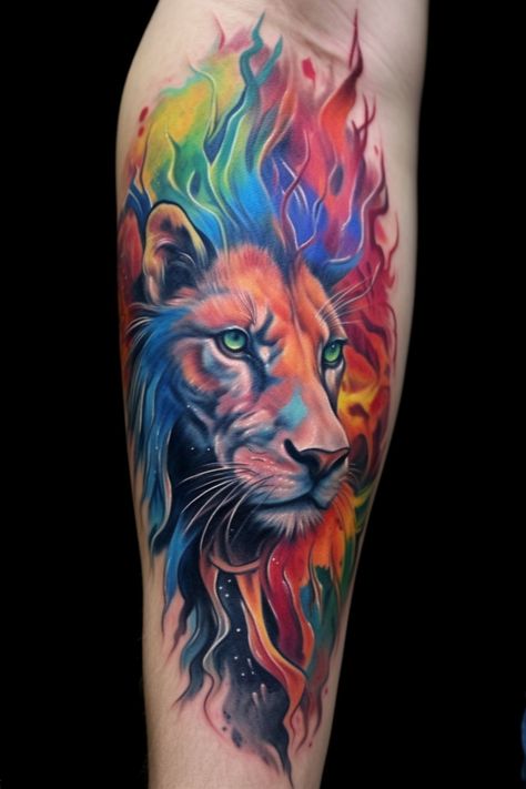 Lion Fire Tattoo, Colorful Tattoos For Men, Colorful Lion Tattoo, Bio Organic Tattoo, Big Cat Tattoo, Unique Tattoos For Men, Colorful Tattoo, Organic Tattoo, Idea Tattoo