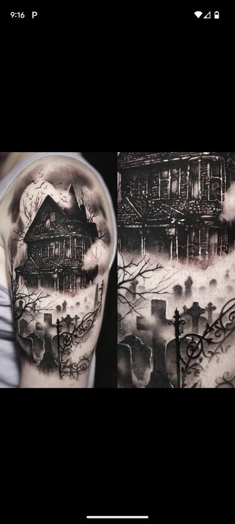 Haunted Sleeve Tattoo, Spooky Scene Tattoo, Paranormal Tattoo Sleeve, Haunted House Back Tattoo, Midwest Gothic Tattoo, Goth Tree Tattoo, Graveyard Sleeve Tattoo, Grim Reaper Graveyard Tattoo, Haunted House Tattoo Ideas