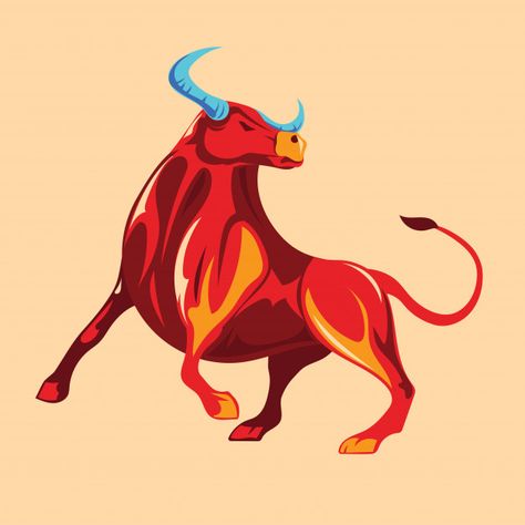 Fantasy red bull design with blue horn Premium Vector Ox Logo, Red Bull Design, Bull Illustration, Bull Drawing, Bull Painting, Chinese New Year Card, Bull Art, Bull Design, Taurus Tattoos