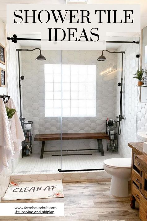 Shower Tile Ideas Showers With Tiled Ceilings, Classic Bathroom Tiles Design Ideas, Craftsman Shower Tile Ideas, Large White Shower Tile, White Tile Showers, Shower Tiling Ideas, Large White Tile Shower Ideas, Shower White Tile, Subway Tile Bathroom Wall