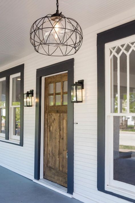 Moving A Front Door Entrance, Painted Window Trim Exterior, Black Trimmed Windows Exterior, White Siding Black Trim Exterior Houses, White Exterior House Black Trim, Black Window Trim Exterior, White Windows Black Trim Exterior, Black And White Exterior House, Moody Mansion