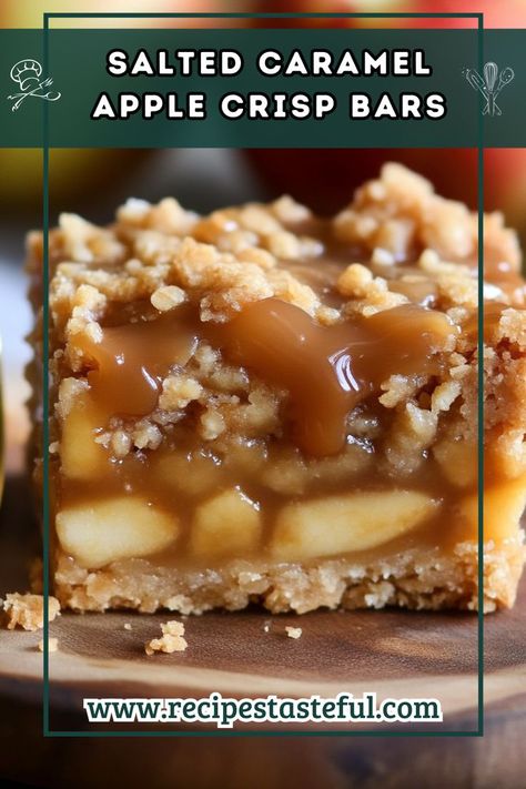 Perfect for fall! These bars have a buttery shortbread crust, juicy apple filling, and an irresistible oatmeal crumb topping with a drizzle of salted caramel. Oatmeal Crumb Topping, Apple Crisp Bars, Apple Bar Recipes, Apple Crisp Bars Recipe, Caramel Apple Bars, Caramel Apple Crisp, Caramel Apples Easy, Buttery Shortbread, Apple Oatmeal