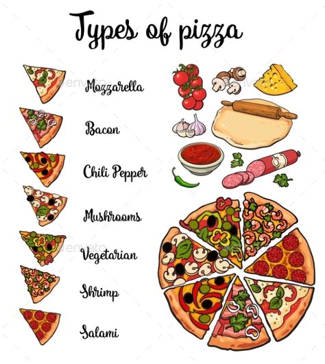 Set of various types of pizza and pizza ingredients, sketch style vector illustration isolated on white background. Basic ingredie Pizza Types Recipes, Pizza Ingredients Illustration, Pizza Ingredients List, Pizza Menu Design Ideas, Pizza Types, Different Types Of Pizza, Ingredients Design, Pizza Menu Design, Pizza Illustration