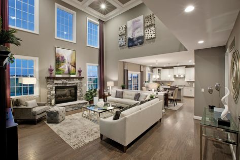 Family Room High Ceiling Design, Large High Ceiling Living Room, Large Living Room Ideas With Fireplace, Suburban House Interior Living Rooms, Living Room Suburban, Suburban Living Room, Two Story Living Room, Tall Ceiling Living Room, Ruang Tv