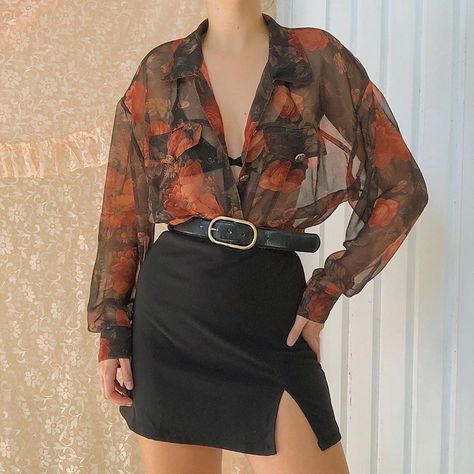 Sheer Black Blouse Outfit, Mesh Button Down Outfit, Sheer Button Down Outfit, Floral Button Down Shirt Outfit, Flower Button Up Shirt Outfit, Collared Button Up Shirt Outfit, Black Sheer Blouse Outfit, 80s Blouse Outfit, Sheer Button Up Outfit