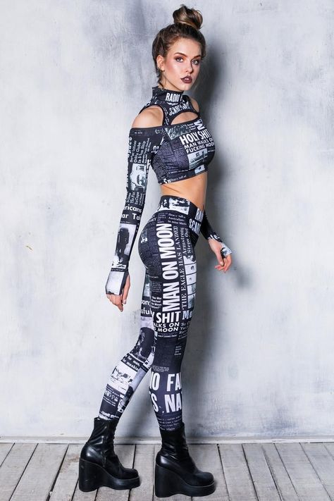 9aa42b31882ec039965f3c4923ce901bdesc34537496ri Black Newspaper, Drag Fashion, Yoga Leggins, Rave Bodysuit, Outfit Rave, Stage Clothes, Cyberpunk Clothes, Printed Tights, Rave Outfit