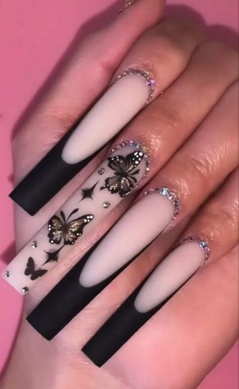 Butterfly Acrylics, Black Acrylic Nail Designs, Impress Nails, Square Nail, Black Acrylic Nails, Punk Nails, Long Acrylic Nail Designs, Gothic Nails, Matte Nails Design