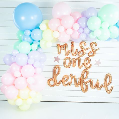 Macaroon Party, Somebunny Is One, Pastel Balloon Arch, Cloud Birthday, Pastel Rainbow Decor, Rainbow Balloon Garland, Easter Balloons, First Birthday Party Decor, Miss Onederful