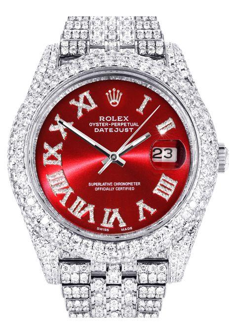 Diamond Iced Out Rolex Datejust 41 | 25 Carats Of Diamonds | Custom Red Roman Numeral Diamond Dial | Two Row | Jubilee Band Rolex Diamond, Fancy Watches, Red Watch, Rolex Watches For Men, Expensive Jewelry Luxury, Diamond Ice, Rolex Models, Womens Watches Luxury, Freezers