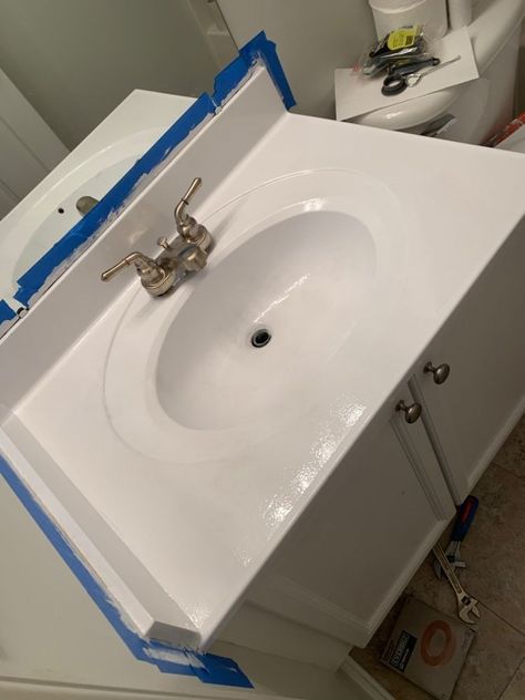 Vinyl Wrap Bathroom Sink, Appliance Epoxy, Painting Bathroom Countertops, Old Fridge, Painting Counters, Painting Bathtub, Laminate Kitchen Cabinets, Vanity Counter, Painted Bathroom