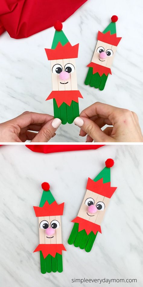 Kids Christmas Crafts Ornaments, Elf Craft, Popsicle Stick Craft, Popsicle Stick Christmas Crafts, Elf Crafts, Fun Christmas Activities, Popsicle Crafts, Preschool Christmas Crafts, Kids Christmas Ornaments