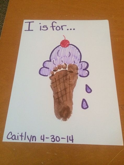 "I" is for...ICE CREAM!!!! Cute for the spring or summer...put it in a frame for wall art!! I Is For Ice Cream, I Is For Ice, Ice Cream Cute, Abc Crafts, Infant Classroom, Baby Art Projects, Footprint Crafts, Toddler Arts And Crafts, Alphabet Crafts