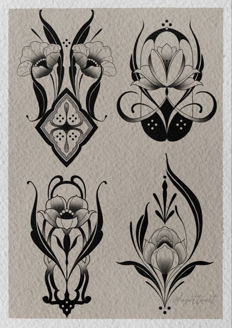 Art Deco Floral Design, Neo Ornamental Tattoo, Noveau Art Tattoos, Art Deco Ornamental Tattoo, Artneuvo Design, Ornamental Flower Design, Art Nouveau Hand Tattoo, Ornamental Flower Tattoo Design, Symmetrical Flower Tattoo