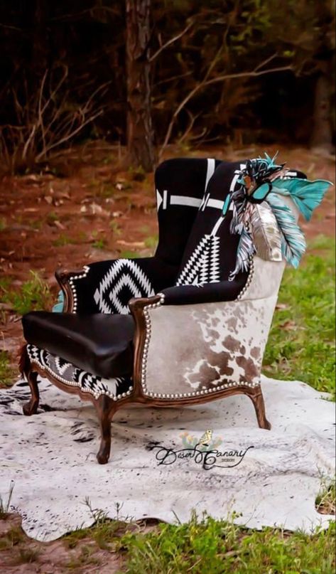 Western Glam Decor Living Room, Upholstery Sofa Ideas, Cowhide Accent Chair, Western Chair Makeover, Ranch Glam Decor, Western Office Decor Ideas, Western Home Office, Western Furniture Ranch Style, Southwestern Chairs