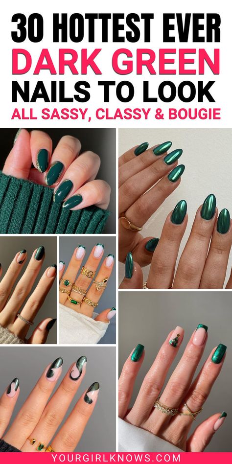 Might I tell you, dark green nails are the “it girl” color you need this fall and winter season? Seriously! They’re not just a color; they’re a vibe. So, here are some of the hottest dark green nail designs that will have you falling head over heels! Dark Sparkly Green Nails, Dark Green Short Gel Nails, Dark Green Nails With Gold Tips, Square Green Christmas Nails, Green Nye Nails, Short Oval Green Nails, Dark Green And Gold Nails Short, Holiday Nails Dark Green, Winter Nail Ideas Green