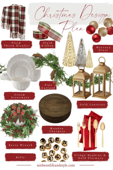 Get inspiration for your home and the holidays with my 2020 Christmas design plan, including red, gold, and tartan plaid. Classic Plaid Christmas Decor, Gold Red Christmas Decorations, Christmas Decor Gold And Red, Red Gold And White Christmas Decor, Traditional Christmas Floral Arrangements, Red Tartan Christmas Decor, Christmas Traditional Decor, Christmas Tartan Decor, Tradional Christmas Decor