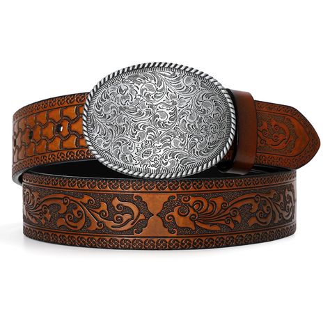 PRICES MAY VARY. Western Cowboy Belt - This cowboy cowgirl belt is made of quality leather, it adopts the fashion western design, embossed engraved tooled quality leather design, which is well-made and high quality, so you can show your unique charm in any occasion. Western Buckle Belt - This mens western belt has a classic wstern belt buckle, it is a great addition to your outfit make you more charming. The men western leather belt strap use snap button, you can easily change the buckle to show Cowgirl Belt Buckles, Country Belts, Western Leather Belt, Cowgirl Belt, Cool Belt Buckles, Mens Leather Belt, Belt For Jeans, Cowboy Belt Buckles, Cowgirl Belts