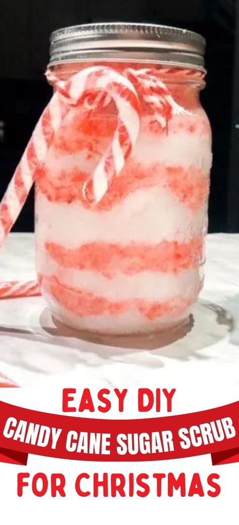 Easy DIY candy cane sugar scrub recipe. Make this peppermint sugar scrub recipe in just 10 minutes - it makes a great gift for friends and family. You can also sell this candy cane body scrub at a Christmas bazaar or holiday market Candy Cane Body Scrub, Candy Cane Sugar Scrub, Sugar Scrub Diy Peppermint, Easy Diy Candy, Diy Candy Cane, Peppermint Sugar Scrub, Mason Jar Gifts Diy, Diy Body Scrub Recipes, Peppermint Sugar Scrubs