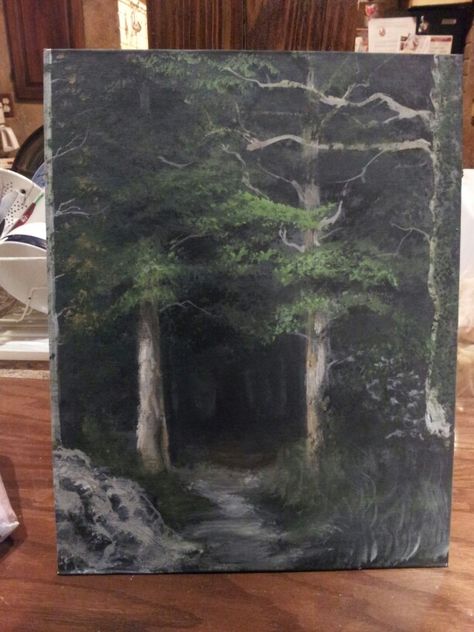 Dark Forest Aesthetic Painting, Easy Paintings Forrest, Dark Themed Paintings, Dark Theme Painting Ideas, Dark Painting Acrylic, Misty Woods Painting, Canvas Painting Ideas Dark Aesthetic, Dark Forest Oil Painting, Dark Colored Paintings