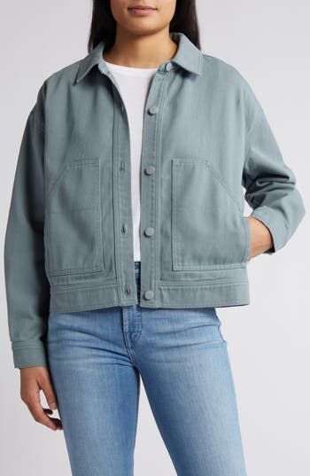 Cut from sturdy cotton twill, this jacket is a perfect finish for casual looks. 23" length Front button closure Spread collar One-button cuffs Front patch pockets 100% cotton Machine wash, dry flat Imported Cotton Jackets Women, Cotton Twill Jacket, Statement Jacket, Womens Jackets Casual, Straight Jacket, Twill Jacket, Basic Jackets, Summer Jacket, Work Jackets