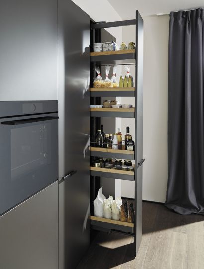 Liro standard pull-out larder in anthracite Kitchen Tall Storage, Pull Out Larder, Kitchen Cupboard Organization, Pull Out Pantry, Kitchen Larder, Shelves Kitchen, Pull Out Shelves, Ceramic Sinks, Kitchen Pulls