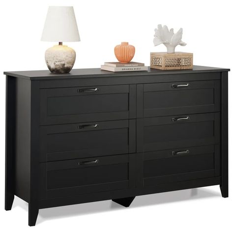 Lark Manor Serefina 6 Drawer 54" Wide Wood Black Double Dresser & Reviews | Wayfair Closets Bedrooms, Large Storage Cabinets, Clothes Toys, Living Room Large, Black Dressers, Drawers Bedroom, Dresser For Bedroom, Future Apartment, Wood Dresser