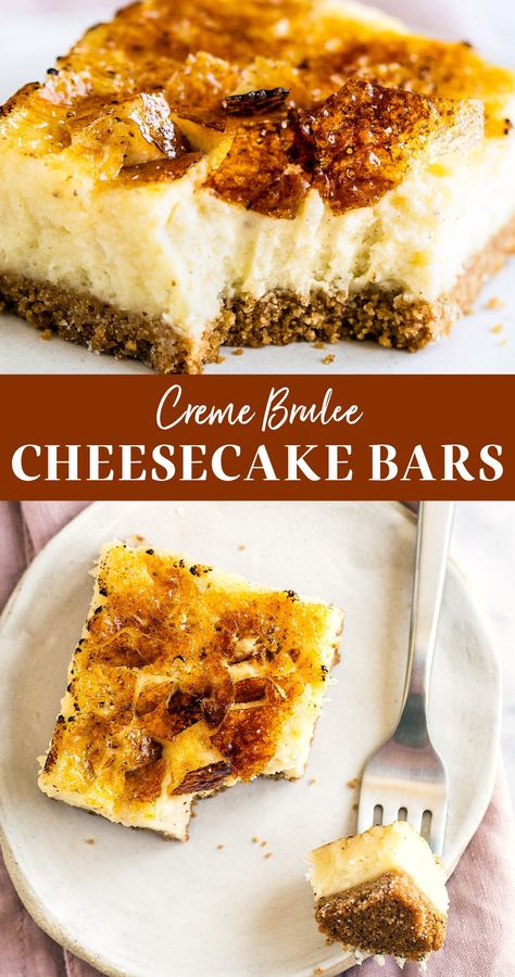 These Creme Brulee Cheesecake Bars turn the classic French dessert into something even easier and tastier! Graham cracker crust, vanilla bean cheesecake filling, and a bruleed sugar topping. YUM! This homemade recipe is more easy to make than you might think! Pineapple Dessert Easy, Cream Cheese Desserts Easy, Creme Brulee Cheesecake Bars, Brulee Cheesecake, Creme Brulee Cheesecake, Baklava Cheesecake, Vanilla Bean Cheesecake, Pretzel Recipe, Classic French Desserts