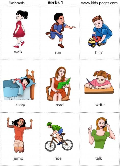 Printable flashcards: Verbs, adjectives, occupations, emotions, colors, and nouns sorted by category!! Oppgaver For Barn, Verbs For Kids, Kertas Kerja Prasekolah, English Worksheet, Learning English For Kids, Action Cards, English Worksheets For Kids, Flashcards For Kids, Action Verbs