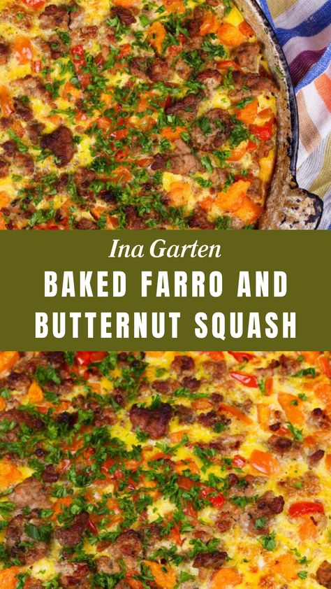 Ina Garten Baked Farro And Butternut Squash Faro And Butternut Squash, Butternut Squash And Farro Recipes, Farro And Butternut Squash, Farro Butternut Squash, Baked Farro, Butternut Squash Bacon, Farro Recipes, Thyme Salt, Baked Butternut Squash