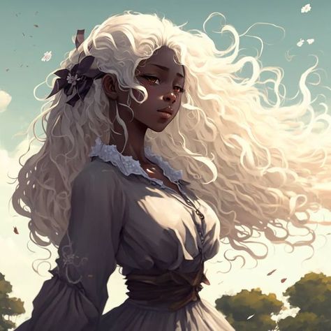 Black Woman Queen Art, Black Skin White Hair Character Art, Black Woman With White Hair Art, Dark Skin Light Hair Character Design, Black Character With White Hair, Dark Skin Character Art, Dark Skin White Hair Character, Dark Skin Character Design Women, Dark Skin White Hair Character Art