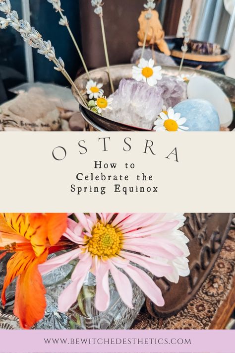 Ostara altar decor full of crystals like amethyst and aquamarine with jasmine incense and spring flowers Pagan Easter Decor, Ostara Traditions Recipes For, Ostara Activities For Kids, Ostara Celebration Ideas, How To Celebrate Ostara, Ostara For Kids, Ostara Food Recipes, Eostre Celebration, Ostara Bath