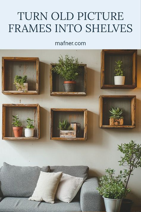 Creative idea for repurposing old picture frames into custom shelves for unique home decor. Repurposed Shelves, Upcycled Picture Frames, Unique Shelving, Unique Shelves, Old Picture Frames, Frame Shelf, Ways To Recycle, Shelving Units, Old Frames