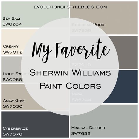 My Favorite Sherwin Williams Paint Colors - Evolution of Style Indoor Paint Colors, Anew Gray, Sherwin Williams Paint, Interior Paint Colors Schemes, Farmhouse Paint Colors, Sherwin Williams Colors, Farmhouse Paint, Paint Color Schemes, Time Stood Still