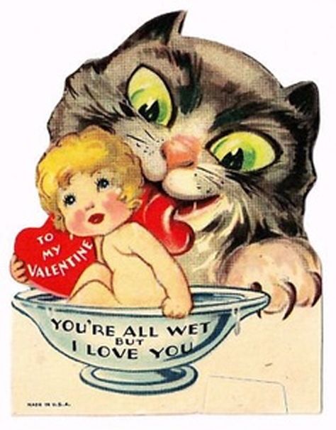 vintage everyday: 37 Creepy Vintage Valentine's Day Cards To Horrify The One You Love Figaro Cat, Weird Valentines, Childrens Valentines, Postcard Paper, Weird Vintage, Creepy Vintage, Creepy Cat, Scary Cat, Valentine Postcards