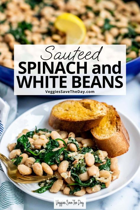 Loaded with lemon and garlic, tender greens and creamy beans are the perfect pair in this Sauteed Spinach and White Beans skillet recipe. This delicious vegan side dish is easy to make in 15 minutes. White Beans And Greens, White Beans And Spinach, White Beans Recipe, Creamy Beans, Legumes Recipes, Thanksgiving Vegan, White Bean Recipes, Lentils Beans, Easy Skillet Meals