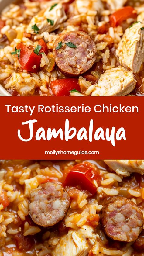 Indulge in the perfect blend of flavors with this delectable Rotisserie Chicken Jambalaya recipe. This one-pot wonder combines tender rotisserie chicken, savory spices, and aromatic vegetables for a satisfying meal that's sure to please everyone at the table. Whether you're looking to switch up your weeknight dinner routine or impress guests at your next gathering, this easy-to-make dish is a guaranteed hit. Dinner Recipes Rotisserie Chicken, Ideas With Rotisserie Chicken, Recipes Rotisserie Chicken, Chicken Jambalaya Recipe, Chicken Jambalaya, Jambalaya Recipe, Comfort Food Southern, One Pot Dishes, Rotisserie Chicken Recipes