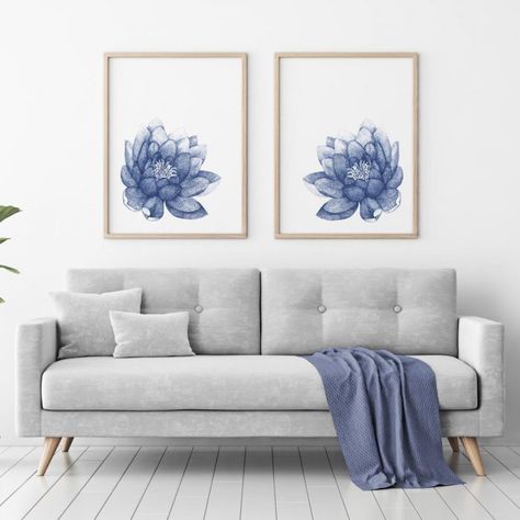 Flower Minimalist, Anne Sullivan, Navy Blue Wall Art, Lotus Painting, Blue Living Room Decor, Blue Lotus Flower, Navy Blue Walls, Navy Blue Flowers, Blue Wall Decor