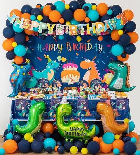 Amazon.com: LFVIK Dinosaur Party Decorations,Blue Dinosaur Birthday Party Supplies for Boys,Customized Backdrop,5*Dinosaur Foil Balloons,Happy Birthday Banner,Sticker,Plates,Napkins,Tablecloth,Cake Toppers : Toys & Games Customized Backdrop, 3rd Birthday Party For Boy, Balloons Happy Birthday, Dinosaur Party Decorations, Dinosaur Party Supplies, Dinosaur Birthday Party Decorations, Dinosaur Balloons, Large Cake, Blue Dinosaur