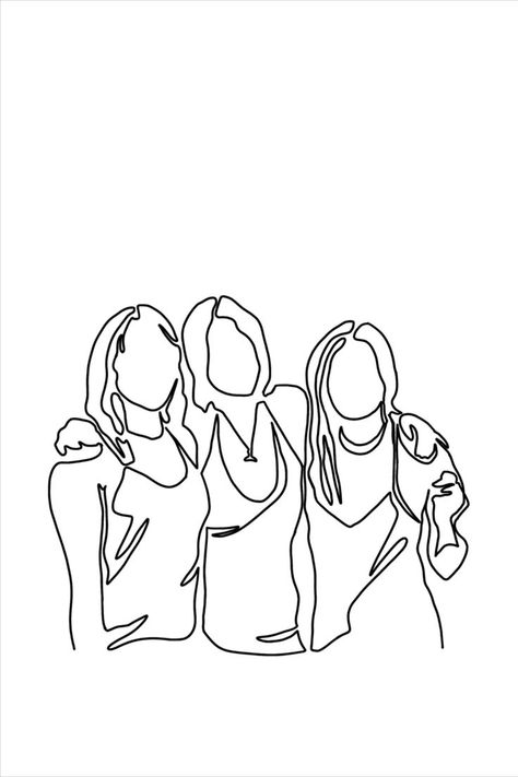 Three girls in summer dresses. Single line drawing, white background, black line Drawing Three Friends, 4 Best Friends Drawing, 3 Friends Drawing, Three Friends Drawing, Friends Drawing, 4 Best Friends, Three Best Friends, Single Line Drawing, Drawings Of Friends