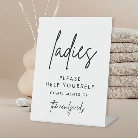 ModernLadies Wedding Bathroom Basket Sign Hospitality Baskets, Wedding Favors Table, Wedding Bathroom Basket Sign, Bathroom Basket Wedding, Simple Wedding Favors, Favors Table, Bathroom Basket, Wedding Bathroom, Wedding Favor Table