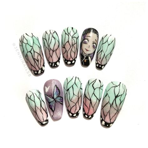 Shinobu Nail Design, Shinobu Nail Art, Shinobu Kochou Nails, Shinobu Nails, Es Nails, Butterfly Nail Designs, Cute Simple Nails, Anime Nails, Tutorials Drawing