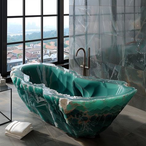 Indulge in luxury with the Geotub: a stunning bathtub crafted from a single geode, blending nature's beauty with modern comfort. Sink into relaxation as the softly glowing crystals and vibrant hues envelop you in tranquility. Conceptual AI Art Follow @ecosapiens for more! Crystal Bath Tubs, Rock Furniture, Green Tile Bathroom, Beautiful Bathtubs, Crystal Bath, Bath Tubs, Green Tile, Tile Bathroom, Bathroom Ideas