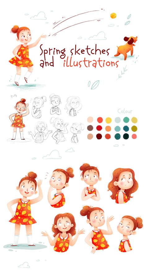 Spring sketches and illustrations on Behance Child Illustration Character, Book Character Design, Girl Character Design, Book Illustration Layout, Childrens Book Characters, Book Illustration Design, Illustration Art Kids, Children Sketch, Girl Character