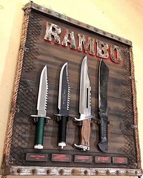 Rambo knives 🤘 1,2,3 or 4? 🗡 Save to the archive if like ↗️ 🗡 See viral posts in our stories ⠀ 🗡 Buy knives, axes, swords 🗡 link on our… Knife Display Case, Rambo Knife, Knife Collection, Cool Knives, Bowie Knife, Survival Gear, Knife Making, Axes, Swords