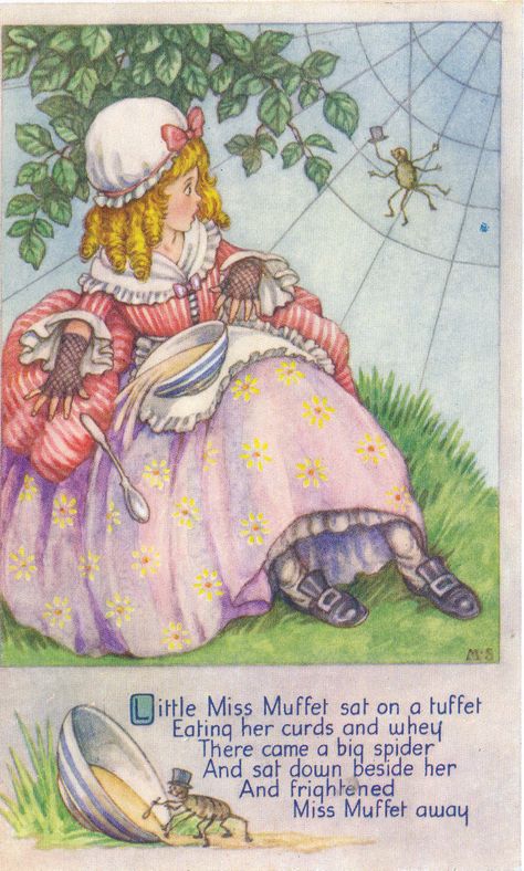 Little Miss Muffet postcard by M.S. | Believe to be by Milli… | Flickr Nursery Rhymes Illustrations, Art Styles Inspiration, Shirley Barber, Ohio State Baby, Mother Goose Nursery Rhymes, Nursery Rhyme Characters, Joan Walsh Anglund, Mother Goose Nursery, Pottery Business