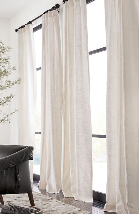 Mediterranean Window Treatments, Linen Curtains Living Room, Cozy Coastal Living Room, Muslin Curtains, Sheer Curtains Bedroom, Pottery Barn Lighting, Pottery Barn Curtains, Guests Room, Drapery Treatments