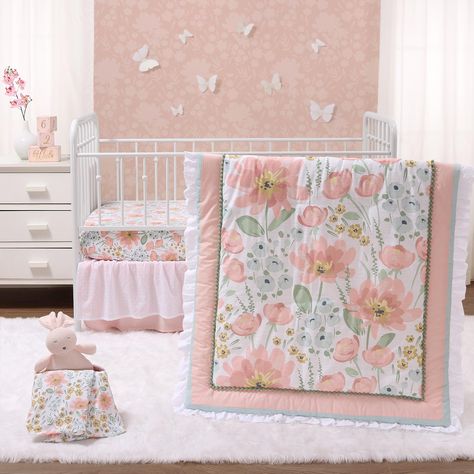 PRICES MAY VARY. The color palette with shades of pink, green, and white, with a sweet and sophisticated floral motif will fit well in any baby girl nursery. This starter baby bedding set includes a reversible crib comforter, 2 fitted crib sheets, and a dust ruffle... all in touchably soft organic cotton. The organic baby comforter features a printed center panel of watercolor inspired flowers, with a border in a sweet and simple polka dot, pieced with a neat and clean grey border and stitch-thr Organic Crib Bedding, Floral Crib Bedding, Crib Comforter, Baby Crib Bedding Sets, Organic Cotton Sheets, Stylish Nursery, Baby Crib Bedding, Beautiful Nursery, Baby Bedding Sets