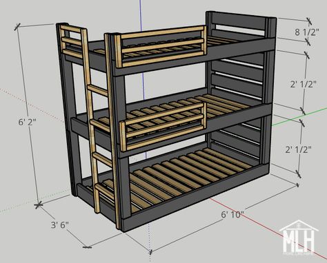 Diy Bunk Bed With Trundle Plans, Bunk Bed Plans Diy How To Build, Triple Deck Bed Ideas, Diy Triple Bunk Beds Plans, Ikea Triple Bunk Bed Hack, Triple Bunk Beds Diy Small Spaces, Built In Triple Bunk Beds, Diy Triple Bunk Beds, Bunk Bed Dimensions